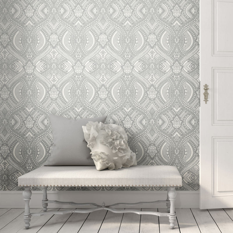 HWA1033W Ogee Damask Grey Wallpaper by Hoopla Walls