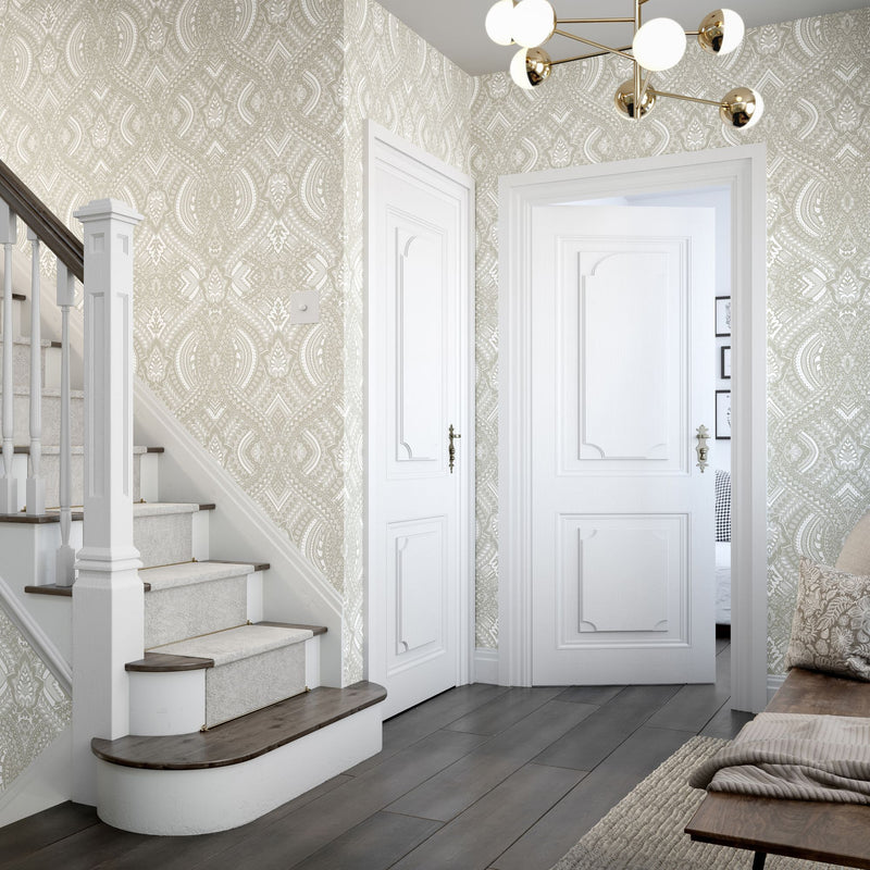 HWA1034W Ogee Damask Natural Wallpaper by Hoopla Walls