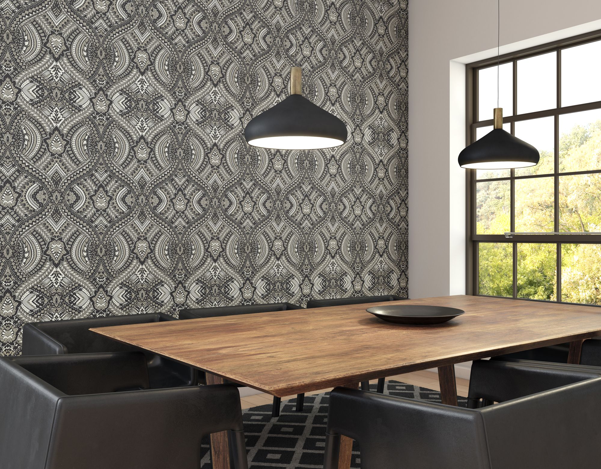 HWA1035W Ogee Damask Black Wallpaper by Hoopla Walls