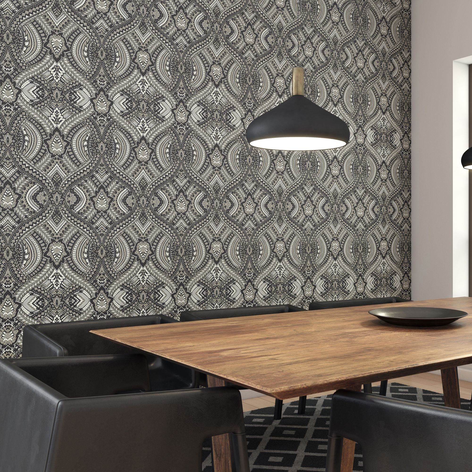 HWA1035W Ogee Damask Black Wallpaper by Hoopla Walls