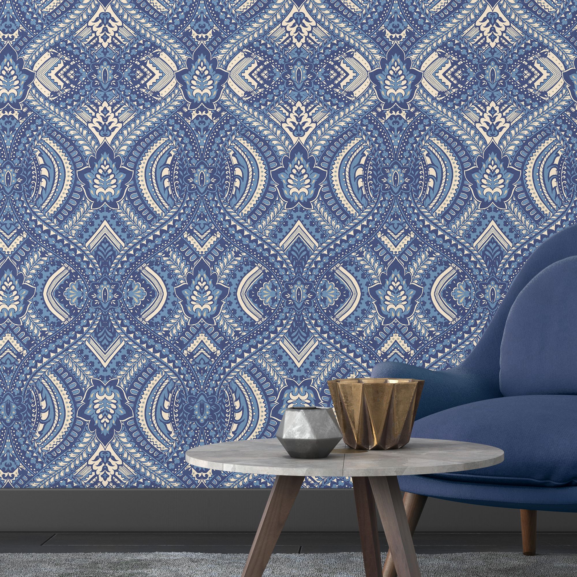 HWA1036W Ogee Damask Navy Blue Wallpaper by Hoopla Walls