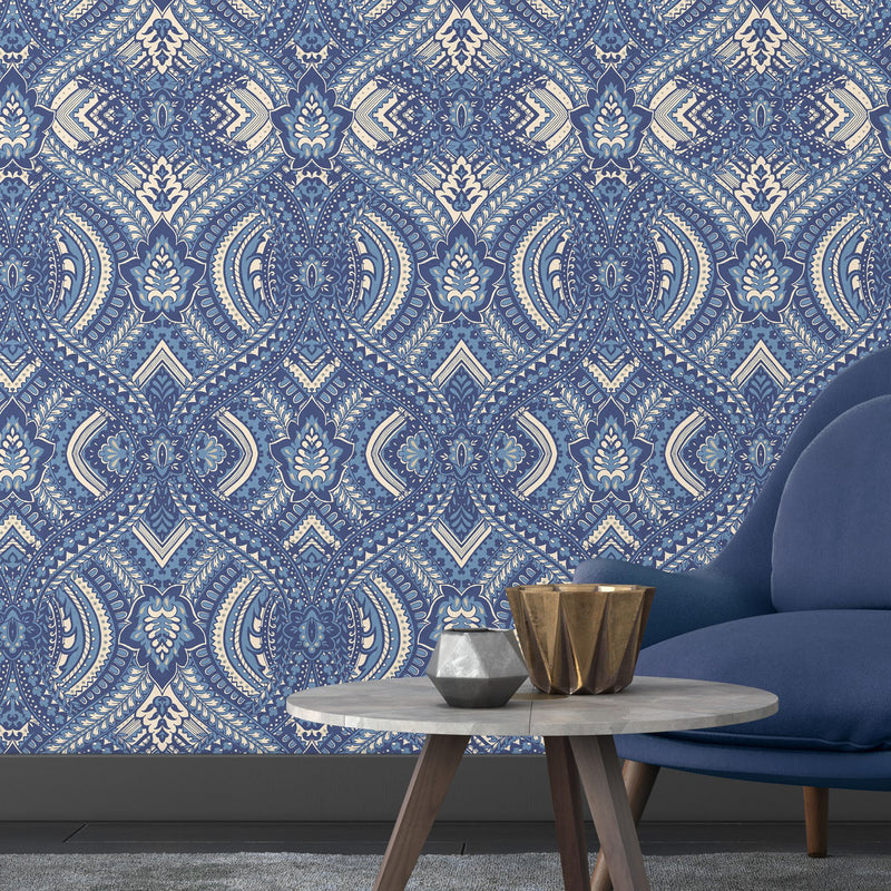 HWA1036W Ogee Damask Navy Blue Wallpaper by Hoopla Walls