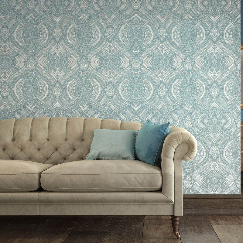 HWA1037W Ogee Damask Duck Egg Blue Wallpaper by Hoopla Walls