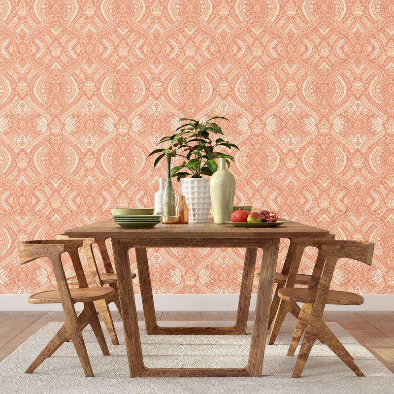 HWA1040W Ogee Damask Orange Wallpaper by Hoopla Walls