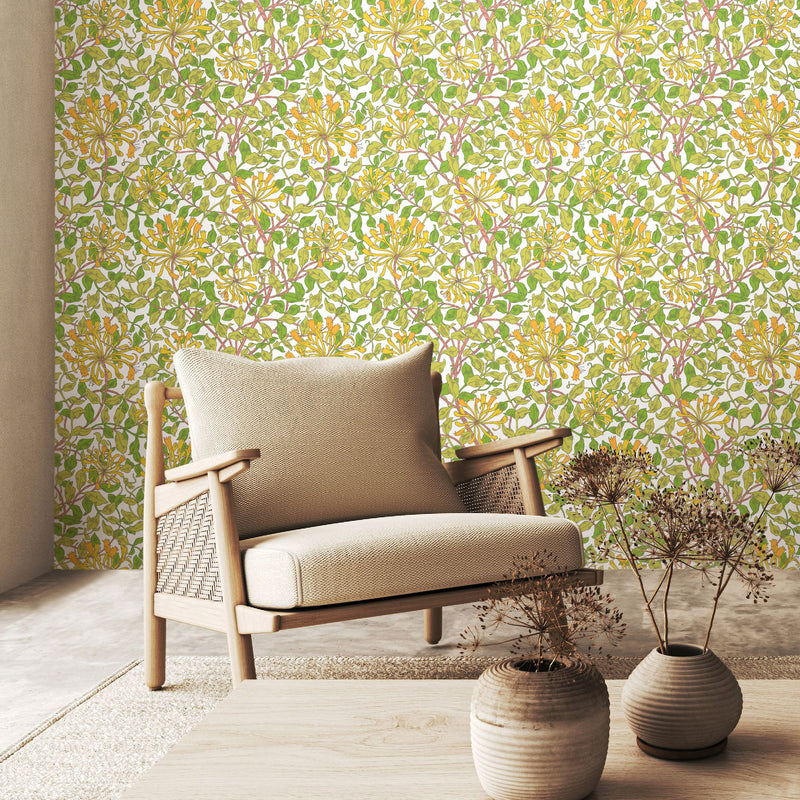HWA1074W Honeysuckle Leaf Trail Sunshine Yellow Wallpaper by Hoopla Walls