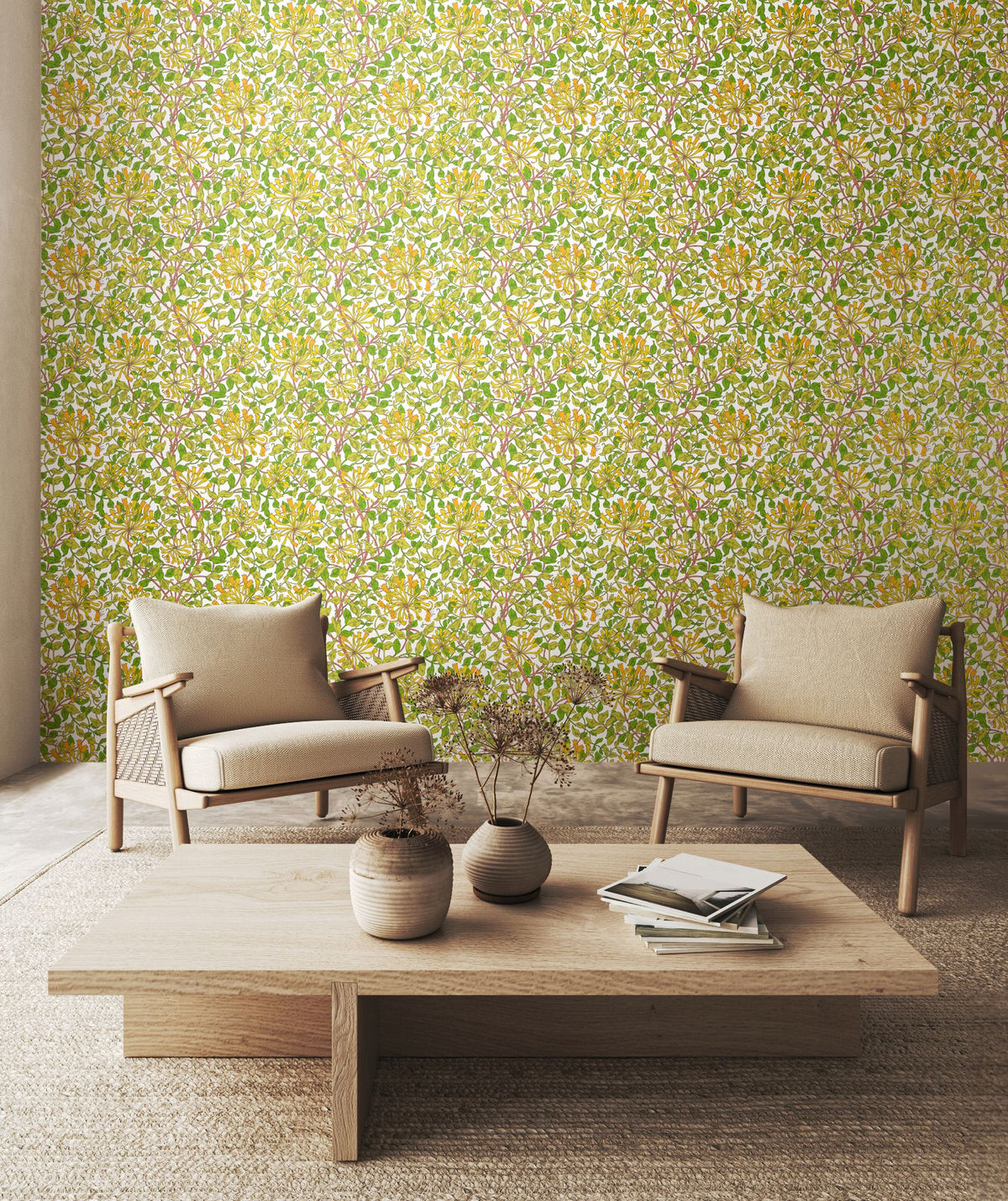 Honeysuckle Leaf Trail Sunshine Yellow Eden Wallpaper by Hoopla Walls