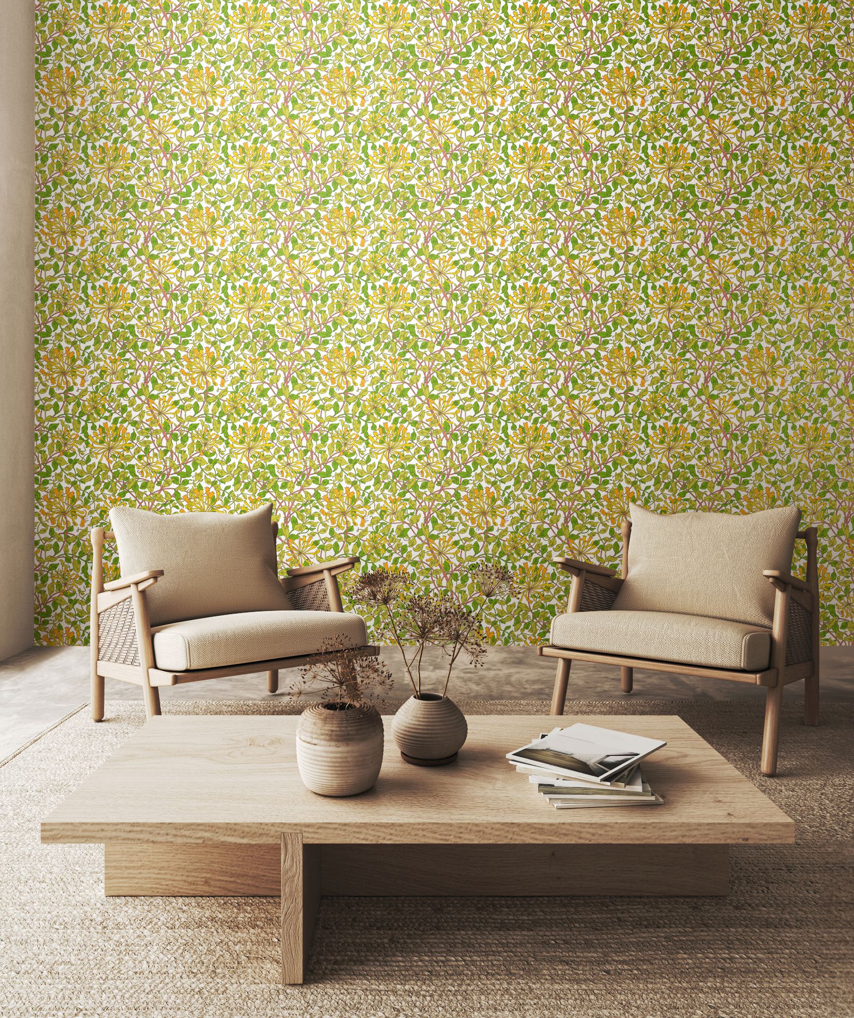 HWA1074W Honeysuckle Leaf Trail Sunshine Yellow Wallpaper by Hoopla Walls