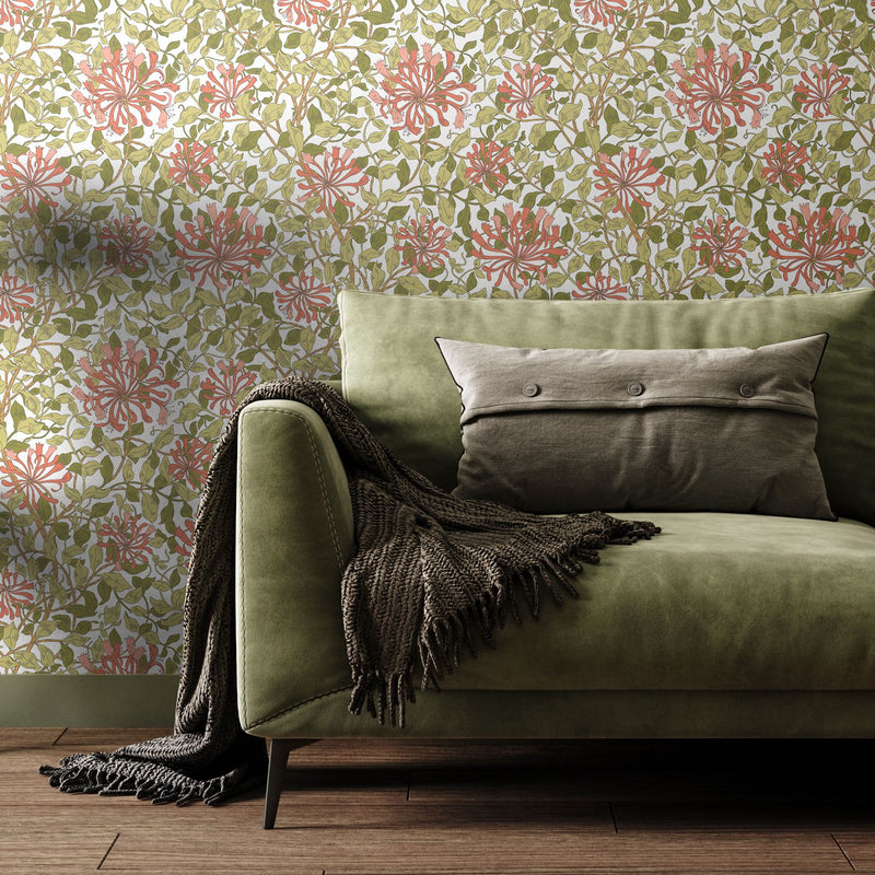 HWA1075W Honeysuckle Leaf Trail Coral Pink Wallpaper by Hoopla Walls