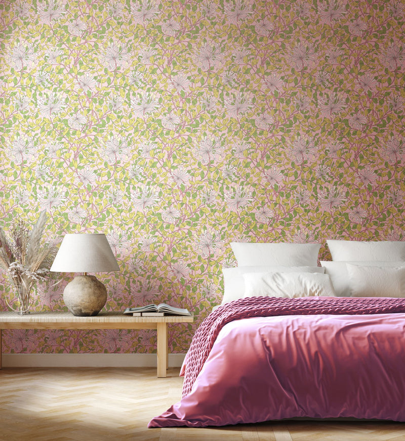 HWA1076W Honeysuckle Leaf Trail Soft Pink Wallpaper by Hoopla Walls