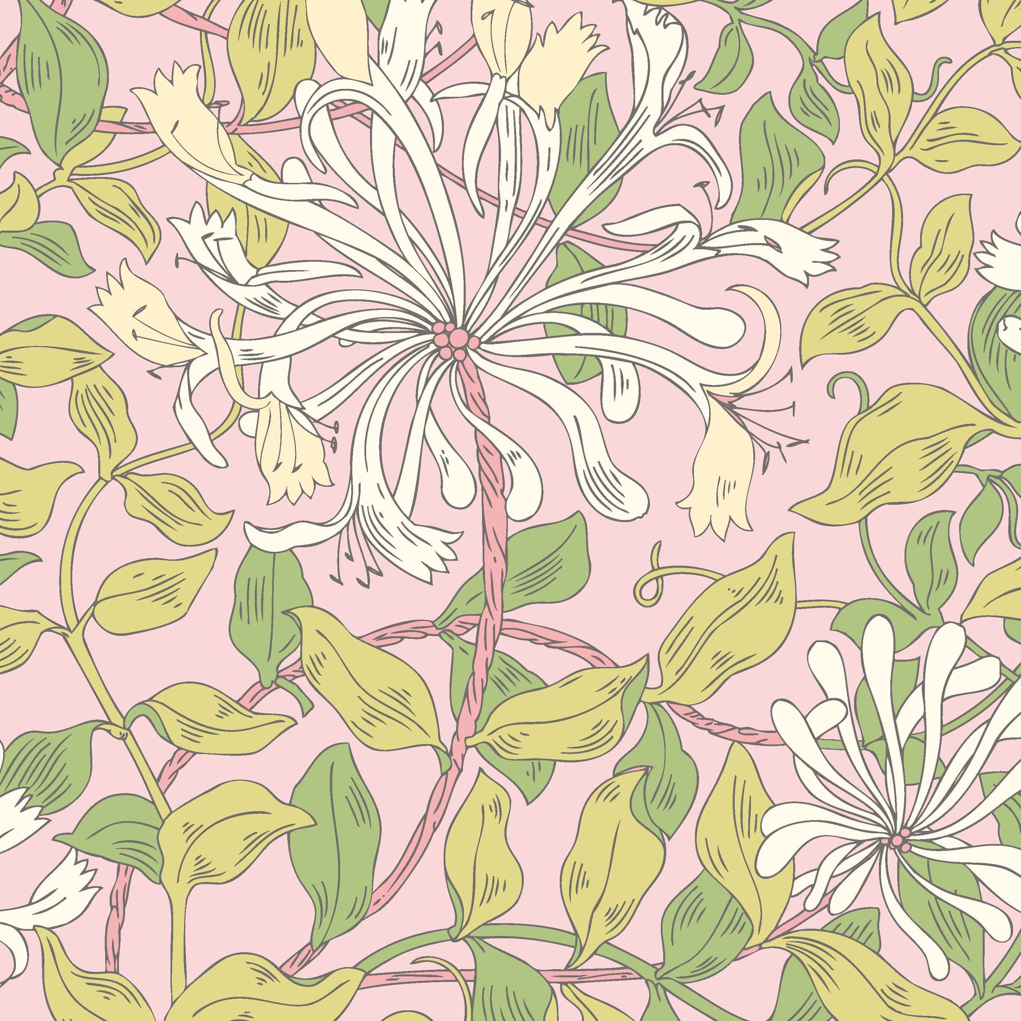 HWA1076W Honeysuckle Leaf Trail Soft Pink Wallpaper by Hoopla Walls