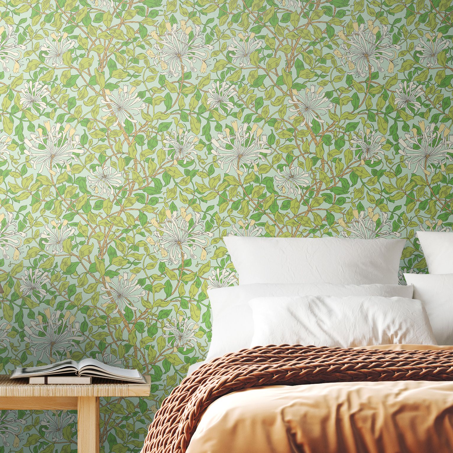 HWA1077W Honeysuckle Leaf Trail Duck Egg Blue Wallpaper by Hoopla Walls