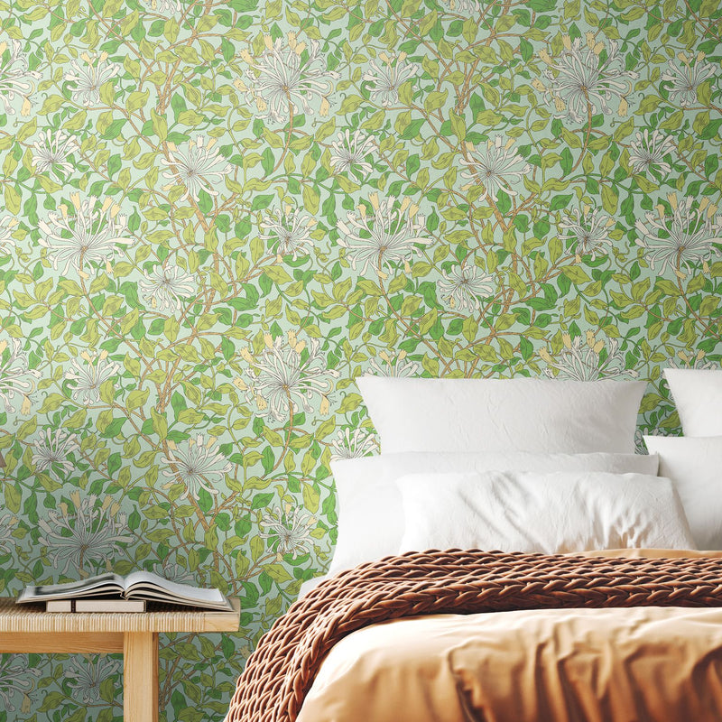 HWA1077W Honeysuckle Leaf Trail Duck Egg Blue Wallpaper by Hoopla Walls