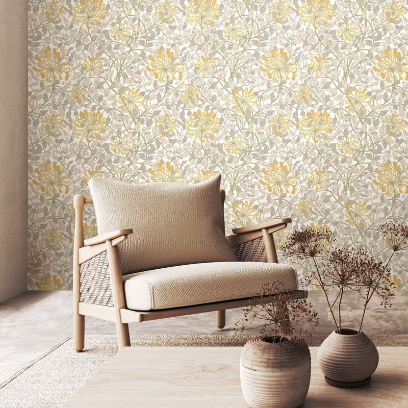 HWA1079W Honeysuckle Leaf Trail Warm Grey Wallpaper by Hoopla Walls