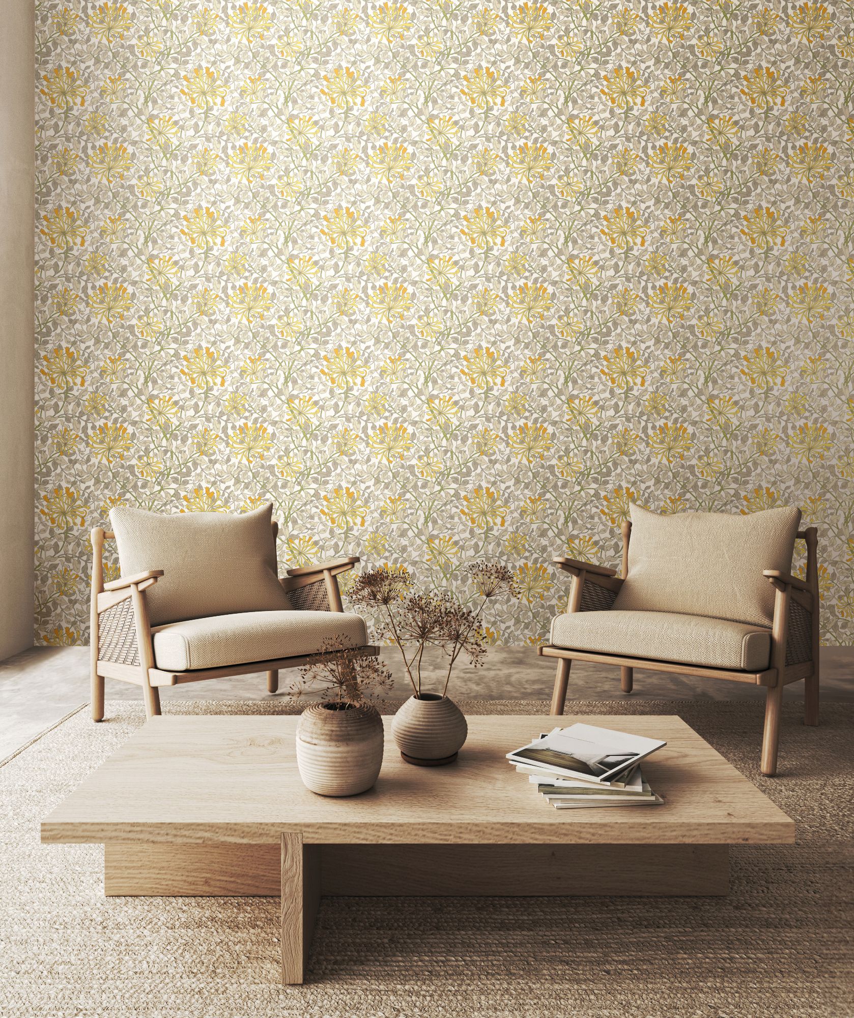 HWA1079W Honeysuckle Leaf Trail Warm Grey Wallpaper by Hoopla Walls