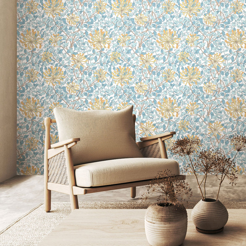 HWA1080W Honeysuckle Leaf Trail Soft Blue Wallpaper by Hoopla Walls