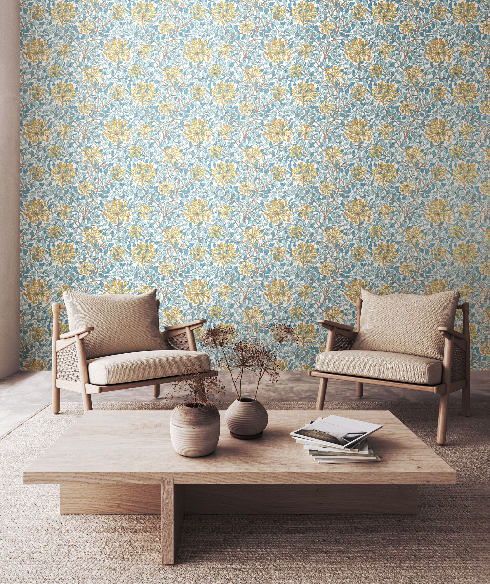 HWA1080W Honeysuckle Leaf Trail Soft Blue Wallpaper by Hoopla Walls