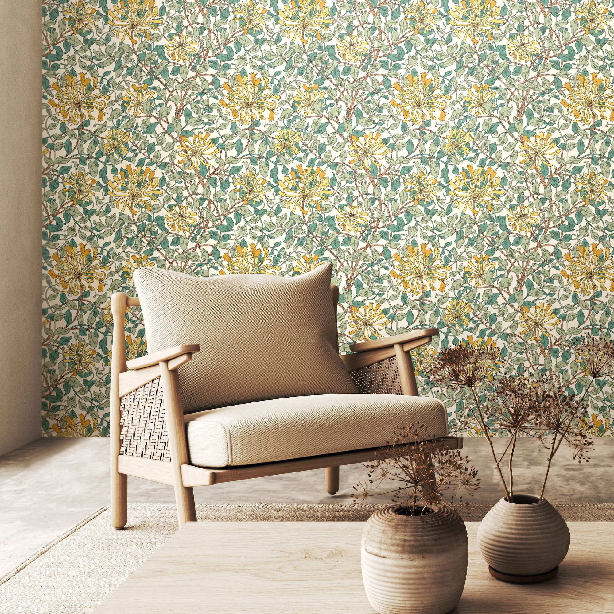 HWA1081W Honeysuckle Leaf Trail Seafoam Wallpaper by Hoopla Walls