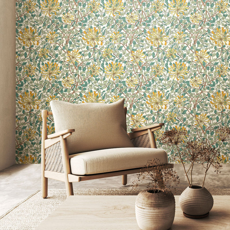 HWA1081W Honeysuckle Leaf Trail Seafoam Wallpaper by Hoopla Walls