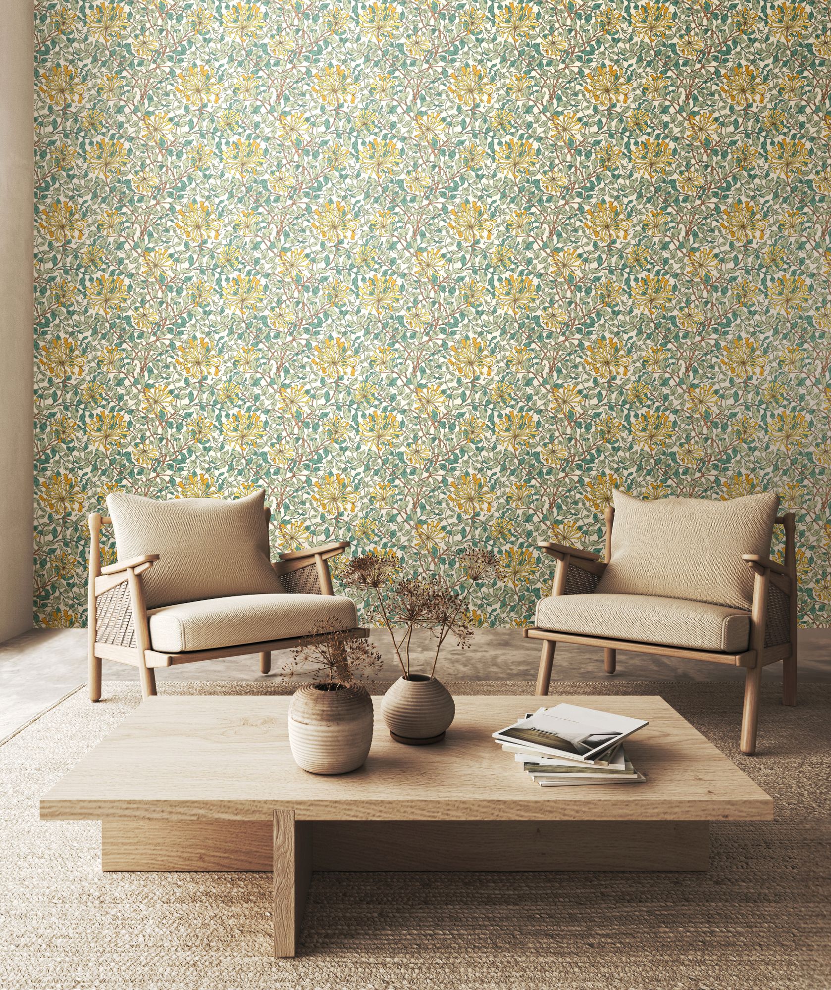 HWA1081W Honeysuckle Leaf Trail Seafoam Wallpaper by Hoopla Walls