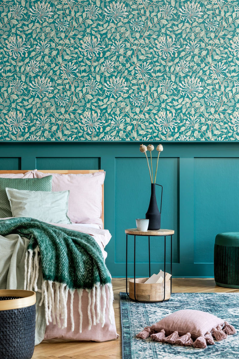 HWA1082W Honeysuckle Leaf Trail Dark Jade Wallpaper by Hoopla Walls