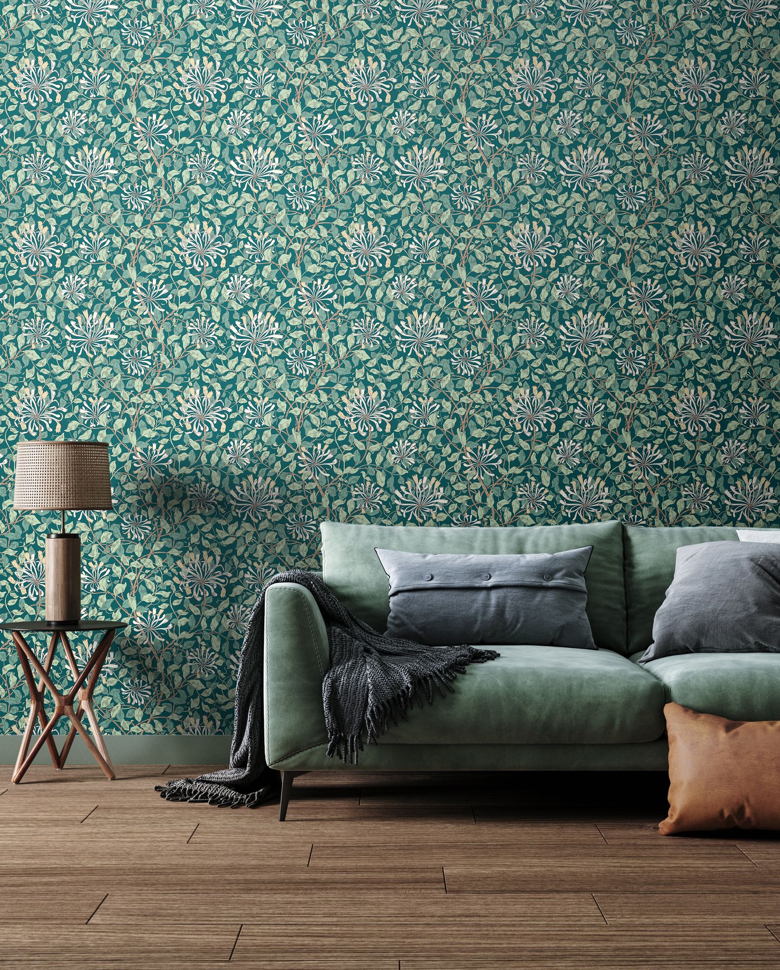 HWA1082W Honeysuckle Leaf Trail Dark Jade Wallpaper by Hoopla Walls