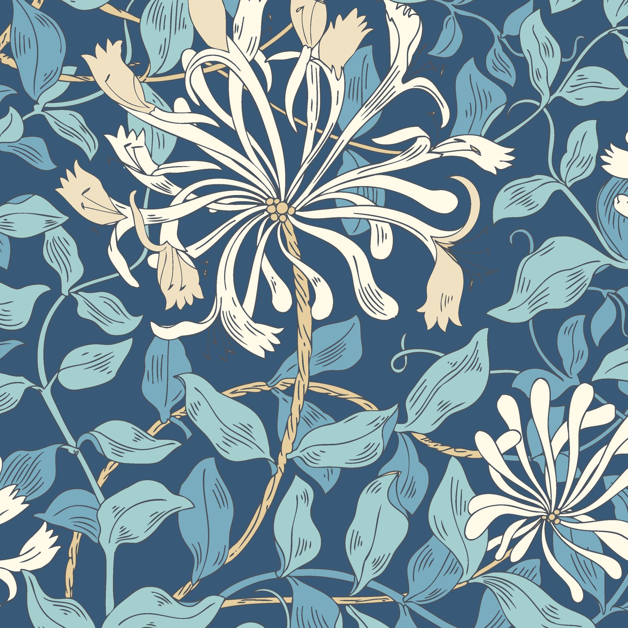HWA1083W Honeysuckle Leaf Trail Navy Blue Wallpaper by Hoopla Walls