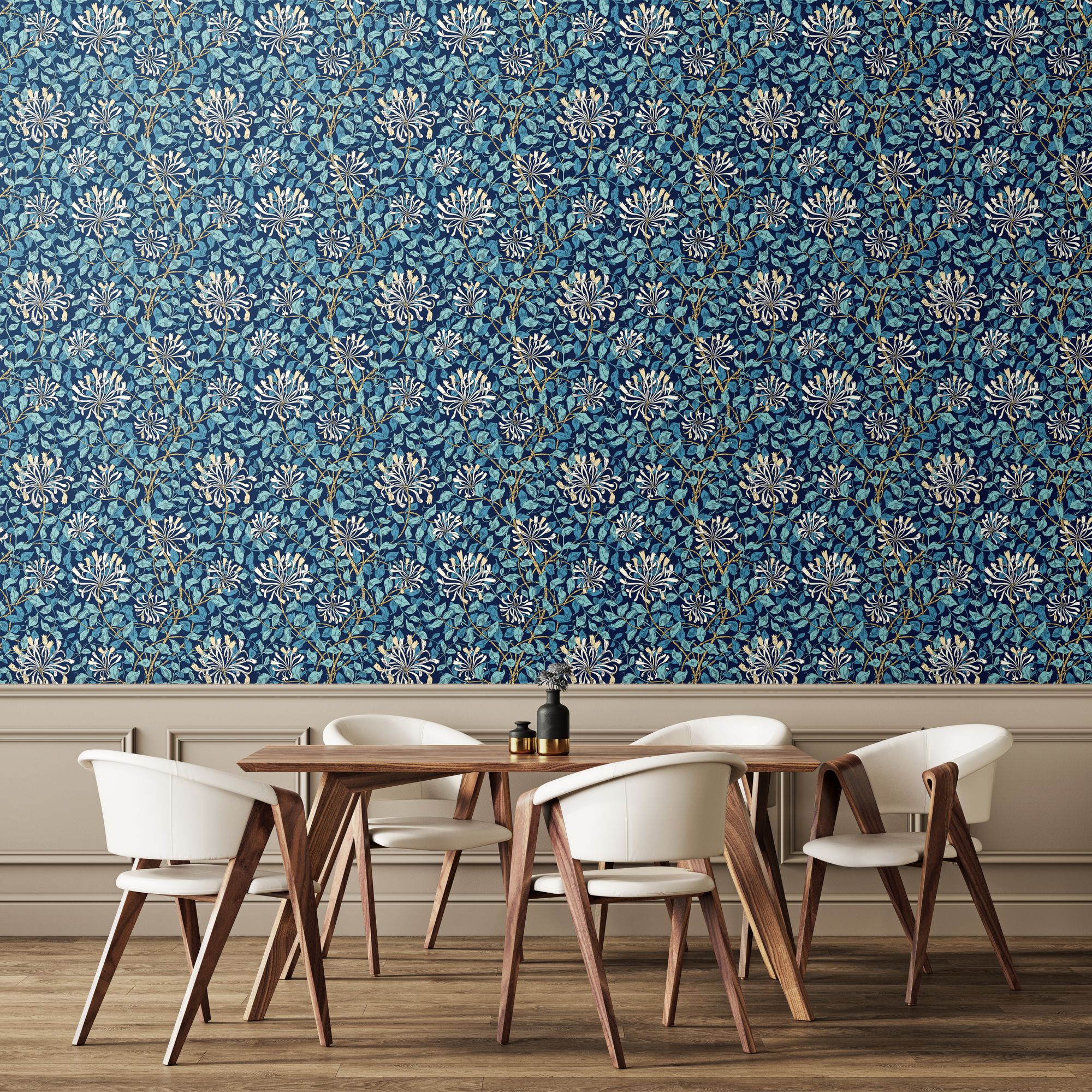 HWA1083W Honeysuckle Leaf Trail Navy Blue Wallpaper by Hoopla Walls