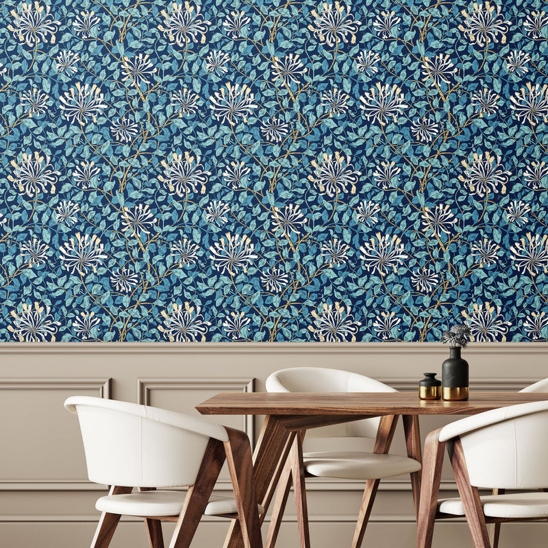 HWA1083W Honeysuckle Leaf Trail Navy Blue Wallpaper by Hoopla Walls
