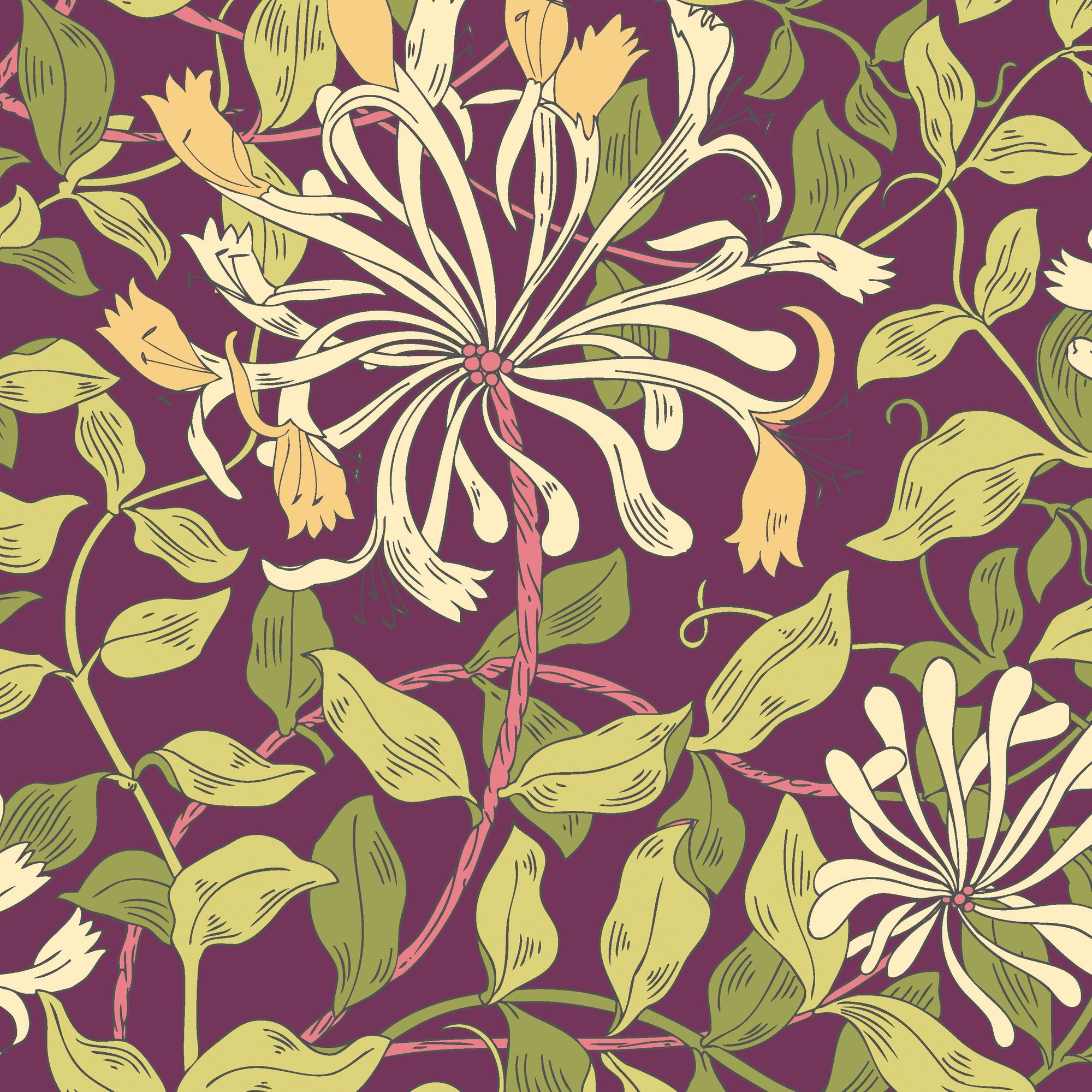 HWA1084W Honeysuckle Leaf Trail Aubergine Wallpaper by Hoopla Walls
