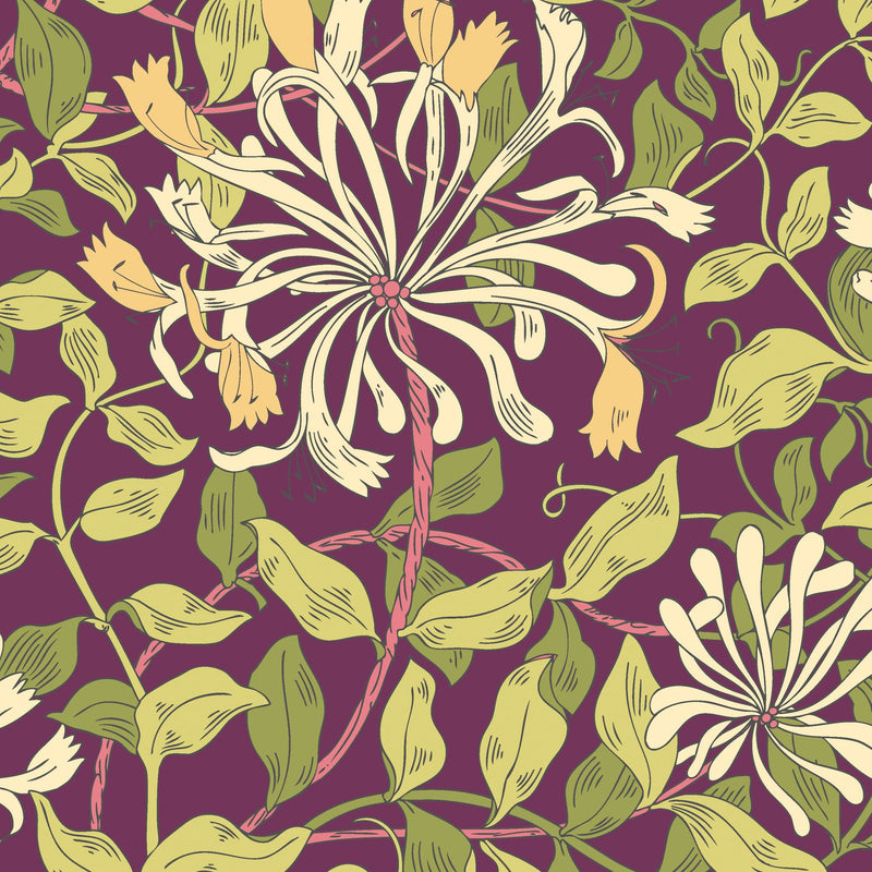 HWA1084W Honeysuckle Leaf Trail Aubergine Wallpaper by Hoopla Walls