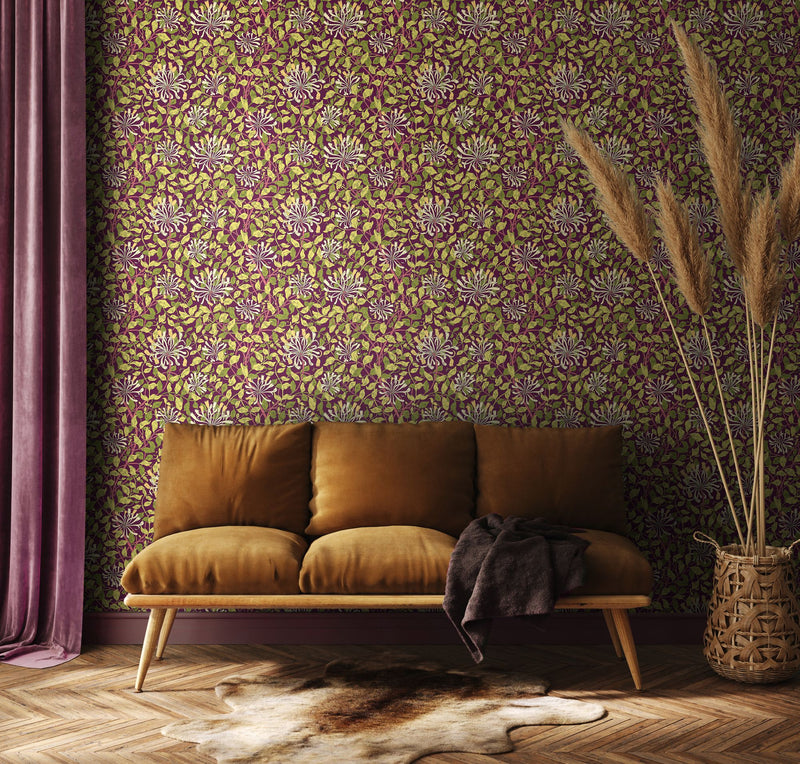 HWA1084W Honeysuckle Leaf Trail Aubergine Wallpaper by Hoopla Walls