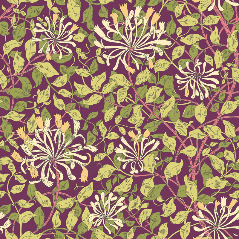 HWA1084W Honeysuckle Leaf Trail Aubergine Wallpaper by Hoopla Walls