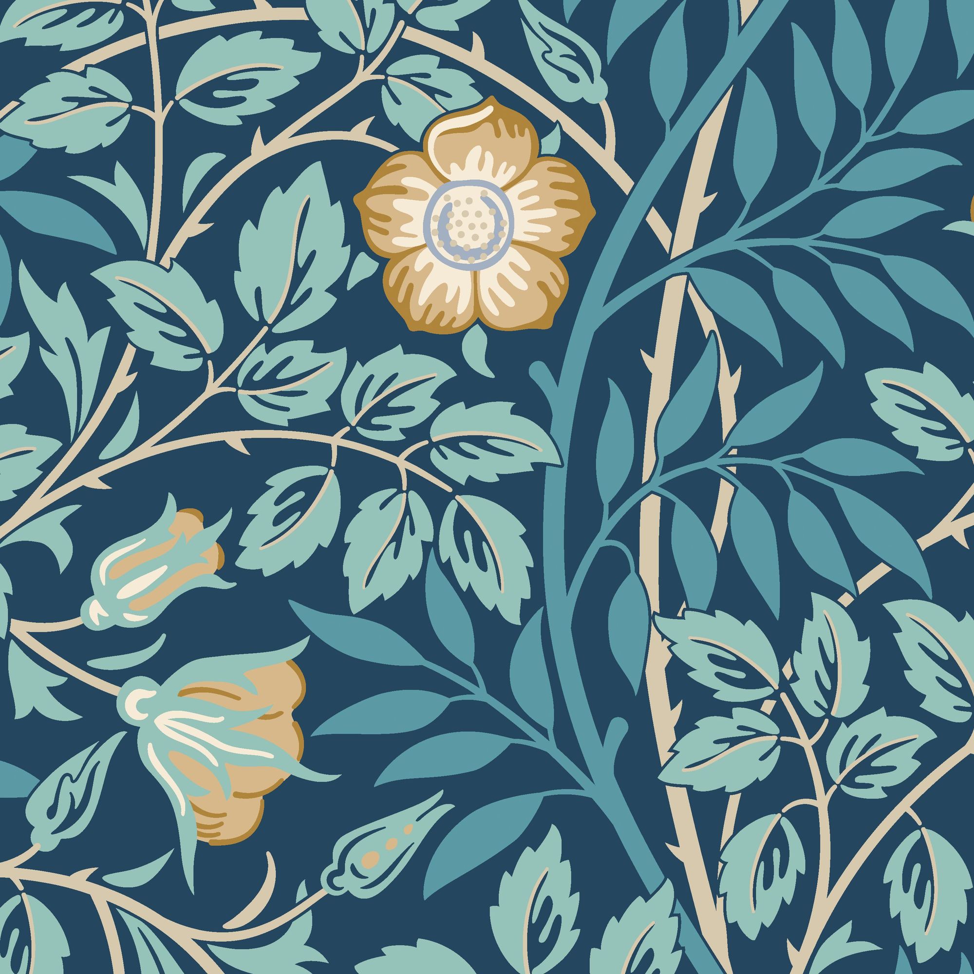 HWA1097W Rosehip Trail Navy Blue Wallpaper by Hoopla Walls