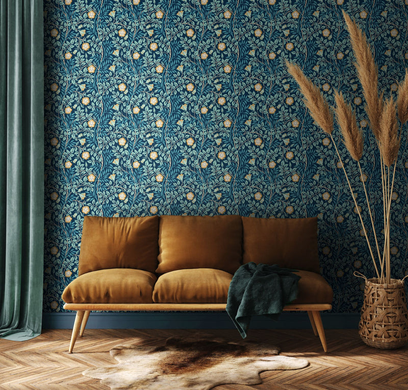 HWA1097W Rosehip Trail Navy Blue Wallpaper by Hoopla Walls