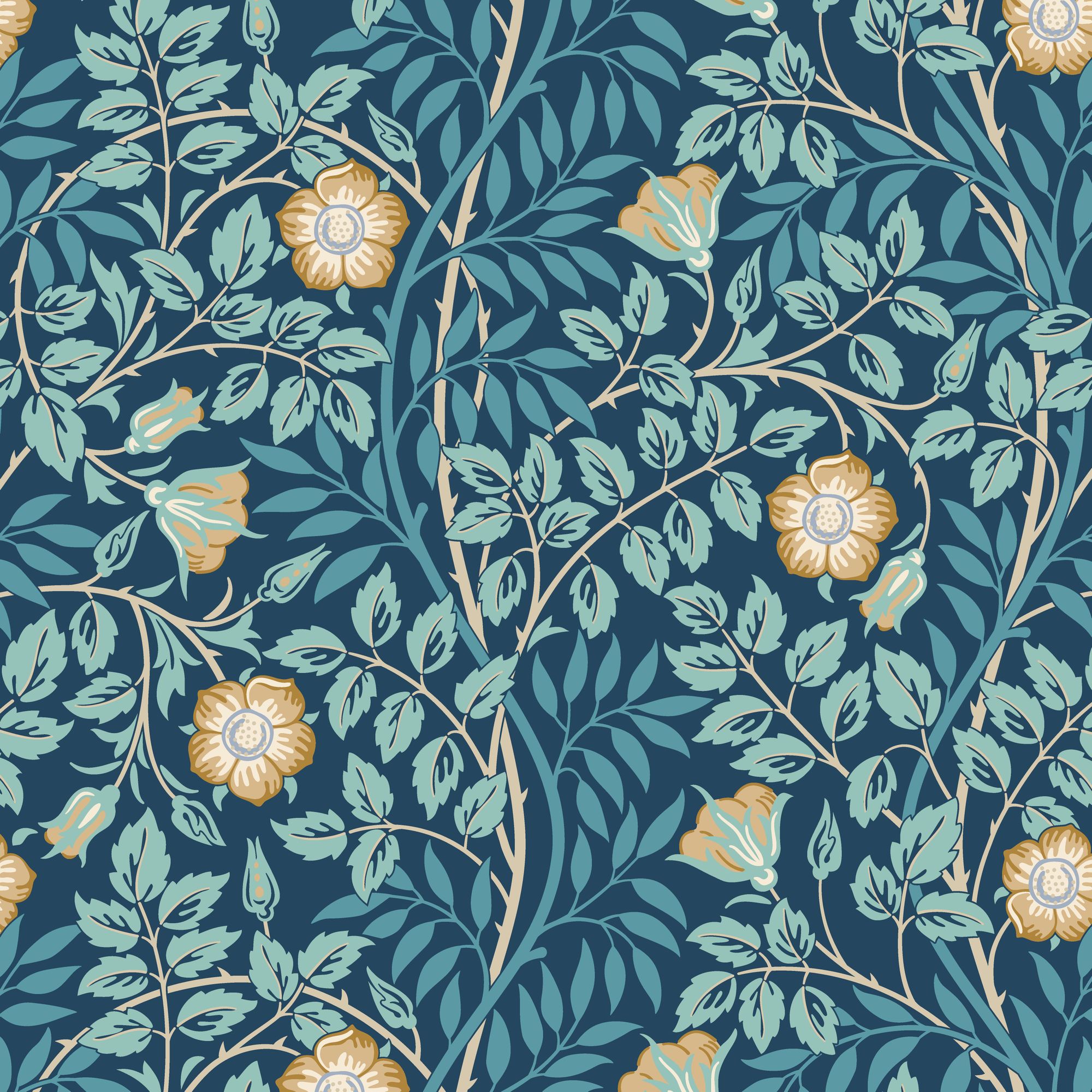 HWA1097W Rosehip Trail Navy Blue Wallpaper by Hoopla Walls