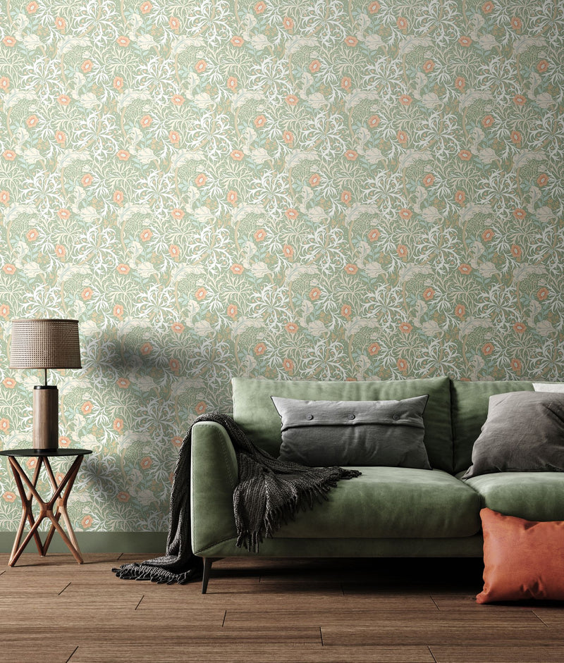 HWA1103W Seaweed Garden Sage & Apricot Wallpaper by Hoopla Walls
