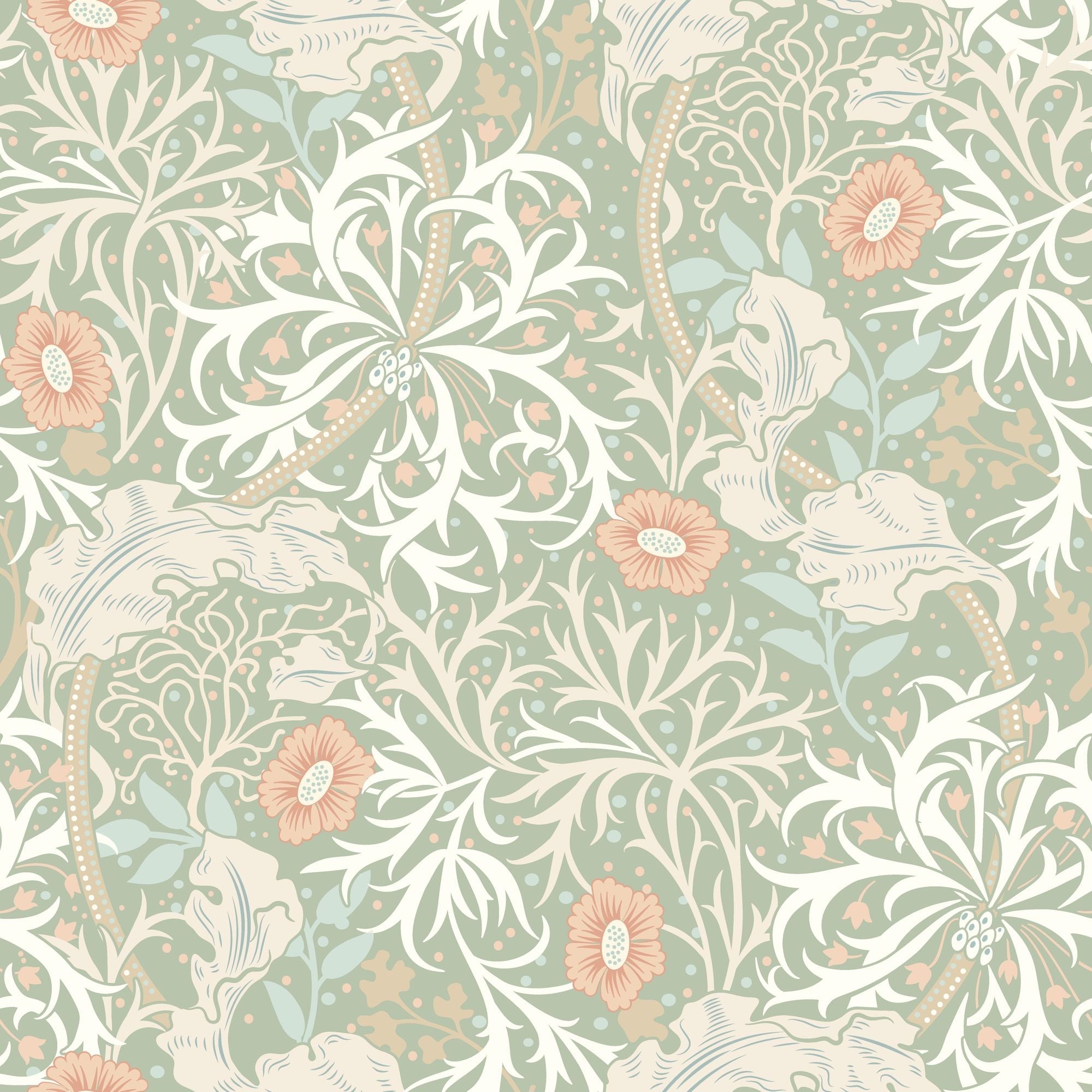 HWA1103W Seaweed Garden Sage & Apricot Wallpaper by Hoopla Walls