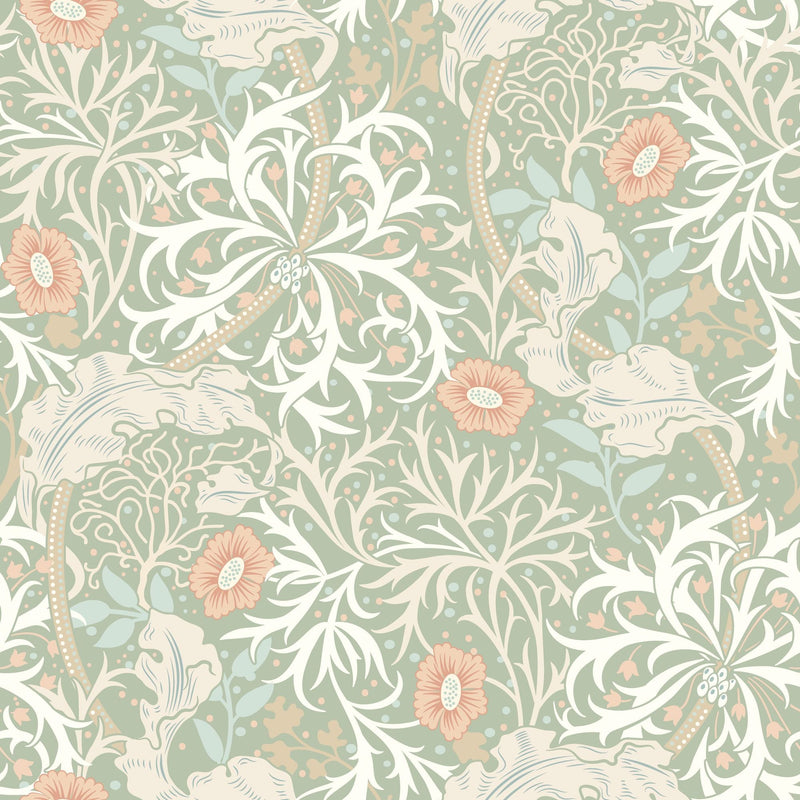 HWA1103W Seaweed Garden Sage & Apricot Wallpaper by Hoopla Walls