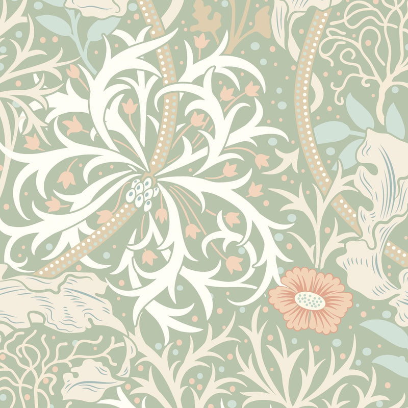 HWA1103W Seaweed Garden Sage & Apricot Wallpaper by Hoopla Walls