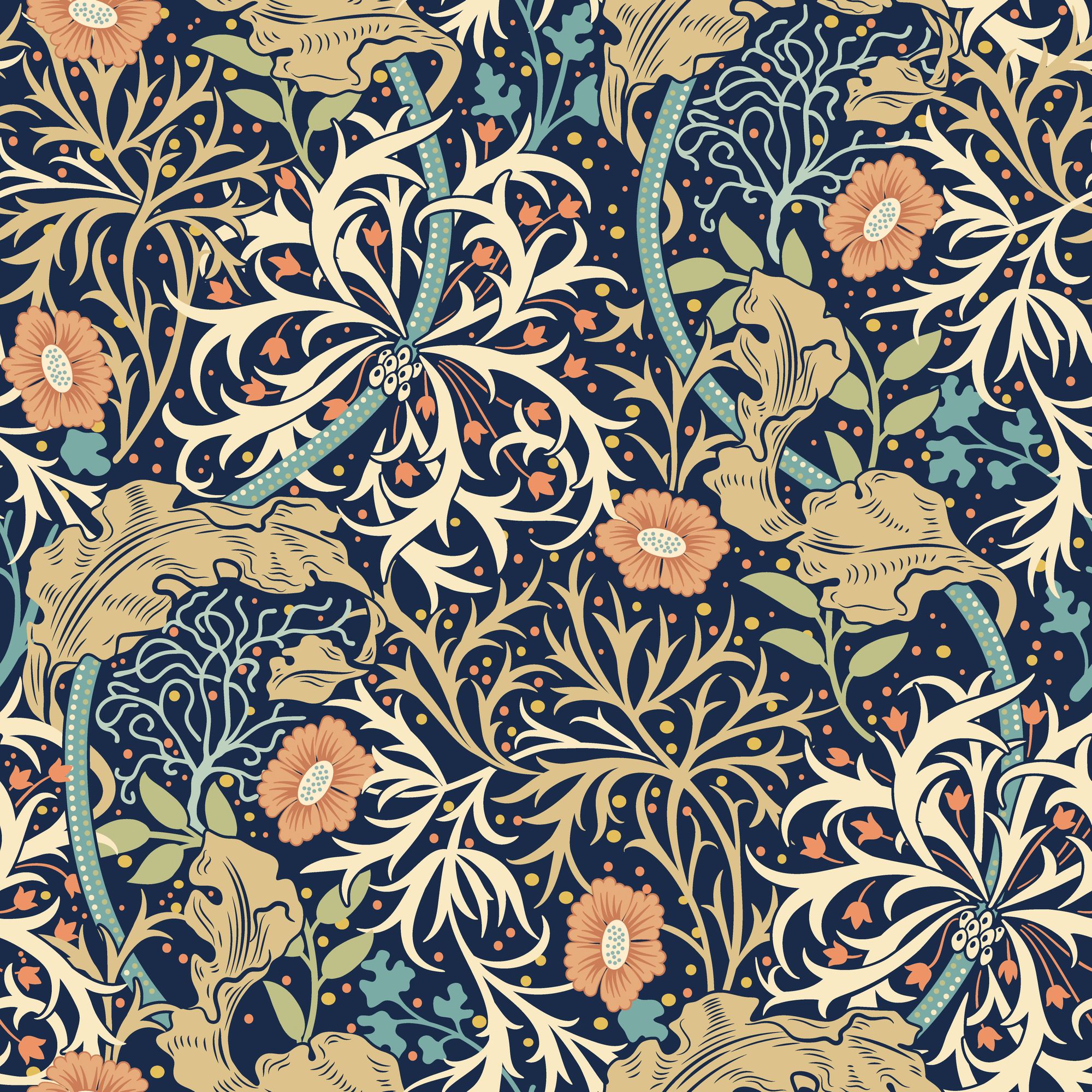 HWA1111W Seaweed Garden Navy Blue Wallpaper by Hoopla Walls
