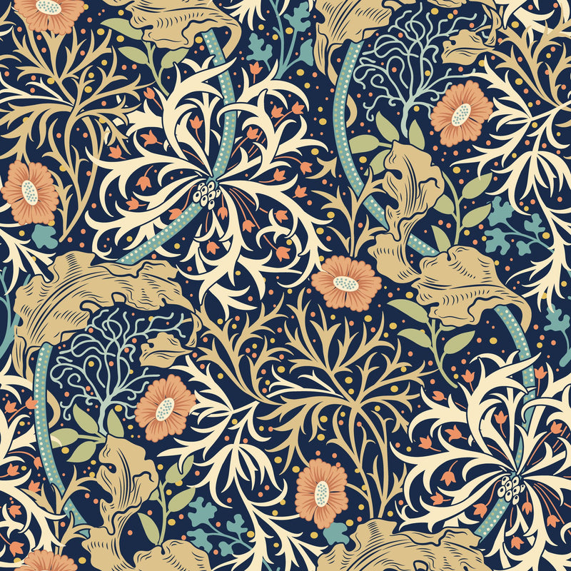 HWA1111W Seaweed Garden Navy Blue Wallpaper by Hoopla Walls