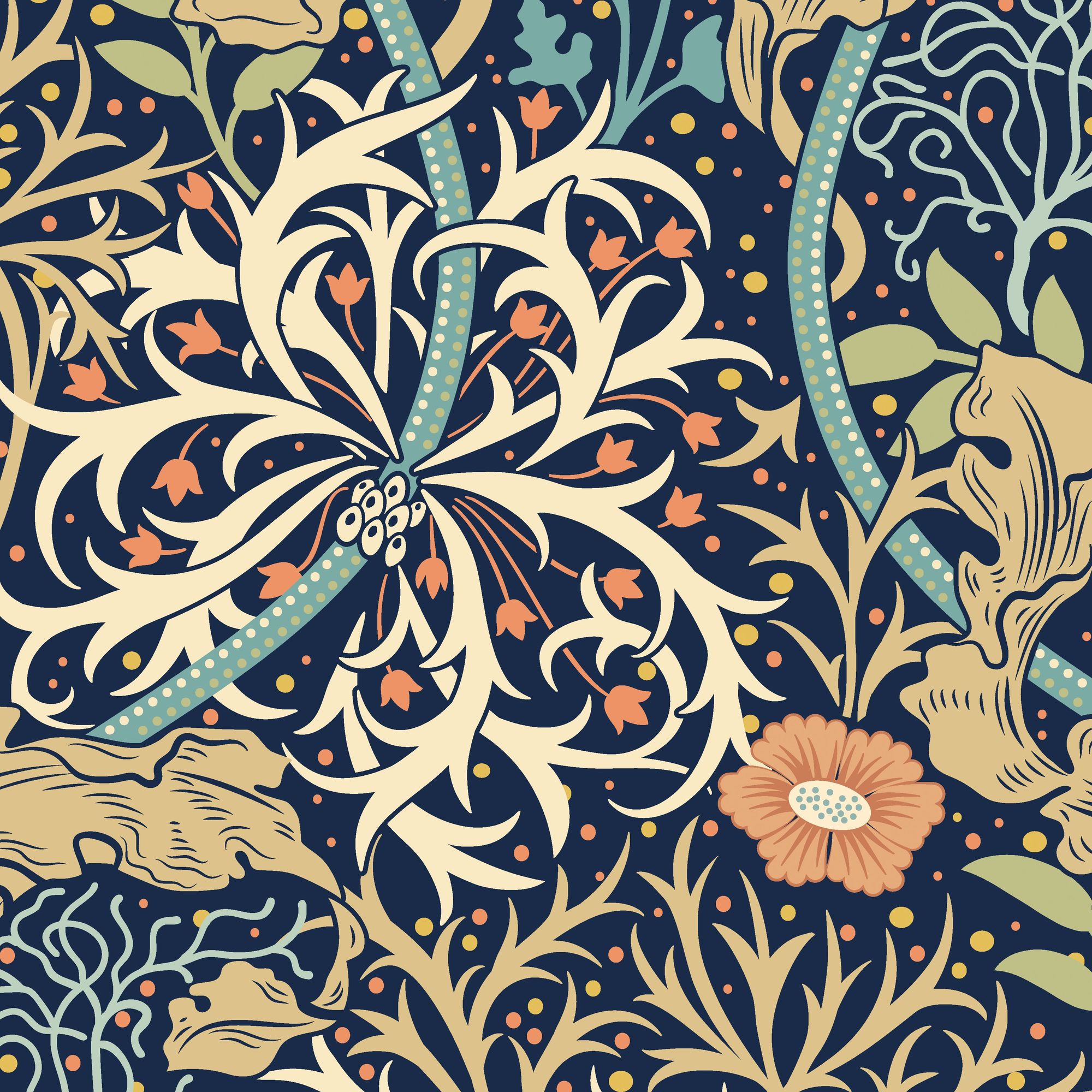 HWA1111W Seaweed Garden Navy Blue Wallpaper by Hoopla Walls