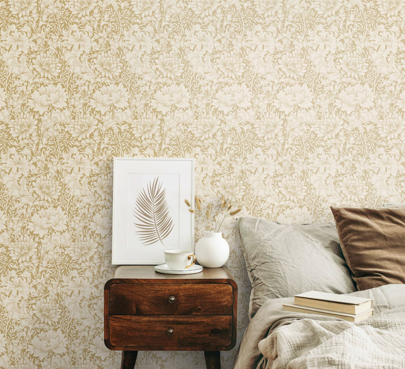 HWA1114W Chrysanthemum Flax Wallpaper by Hoopla Walls