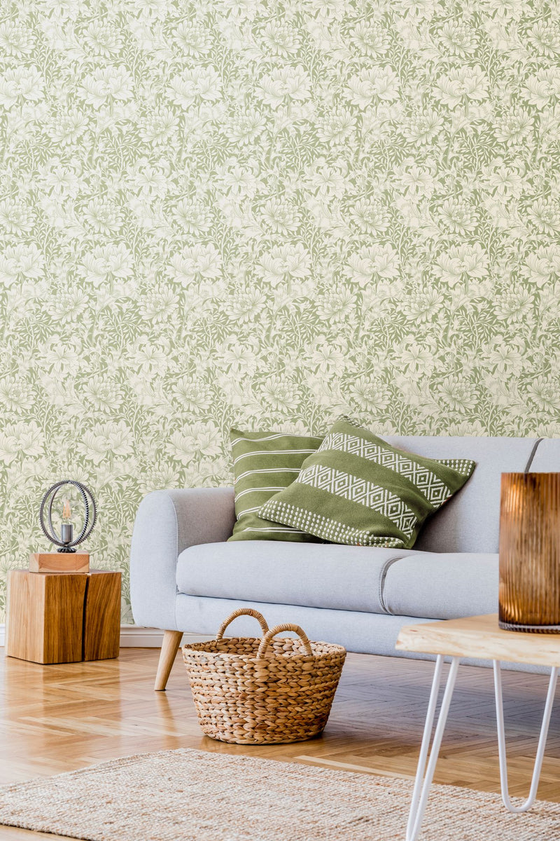 HWA1115W Chrysanthemum Sage Green Wallpaper by Hoopla Walls