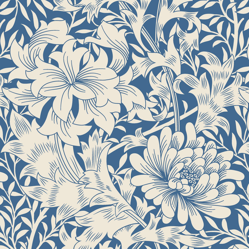 HWA1117W Chrysanthemum Indigo Blue Wallpaper by Hoopla Walls
