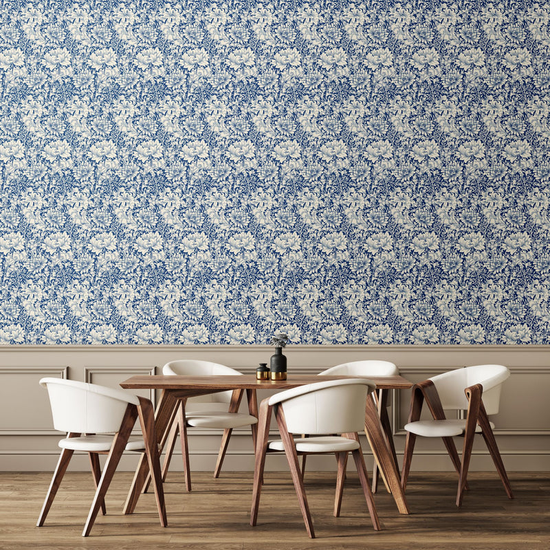 HWA1117W Chrysanthemum Indigo Blue Wallpaper by Hoopla Walls