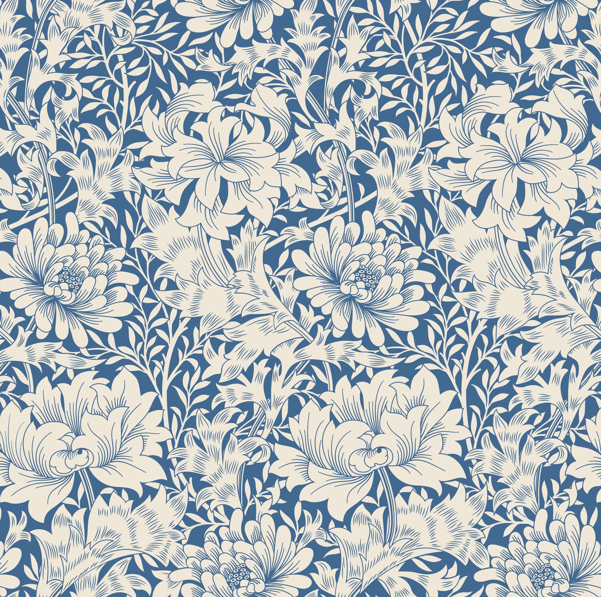 HWA1117W Chrysanthemum Indigo Blue Wallpaper by Hoopla Walls