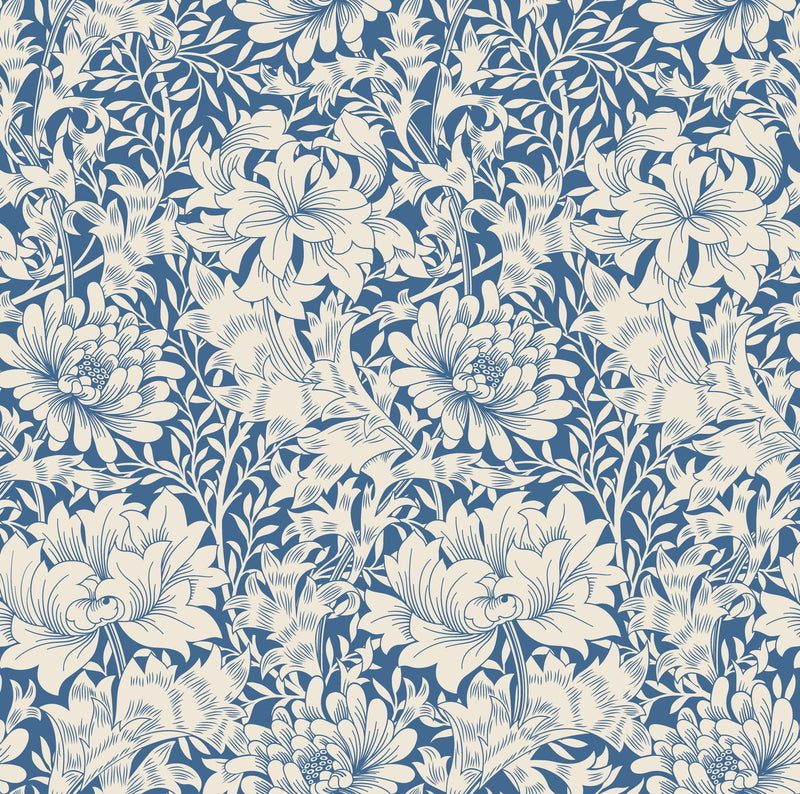 HWA1117W Chrysanthemum Indigo Blue Wallpaper by Hoopla Walls