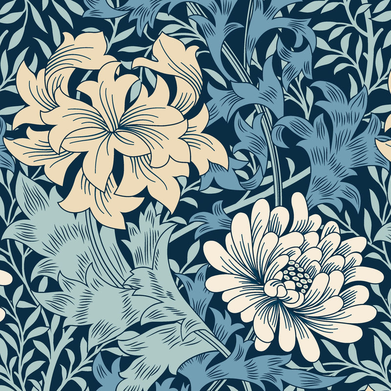 HWA1118W Chrysanthemum Navy Mix Wallpaper by Hoopla Walls
