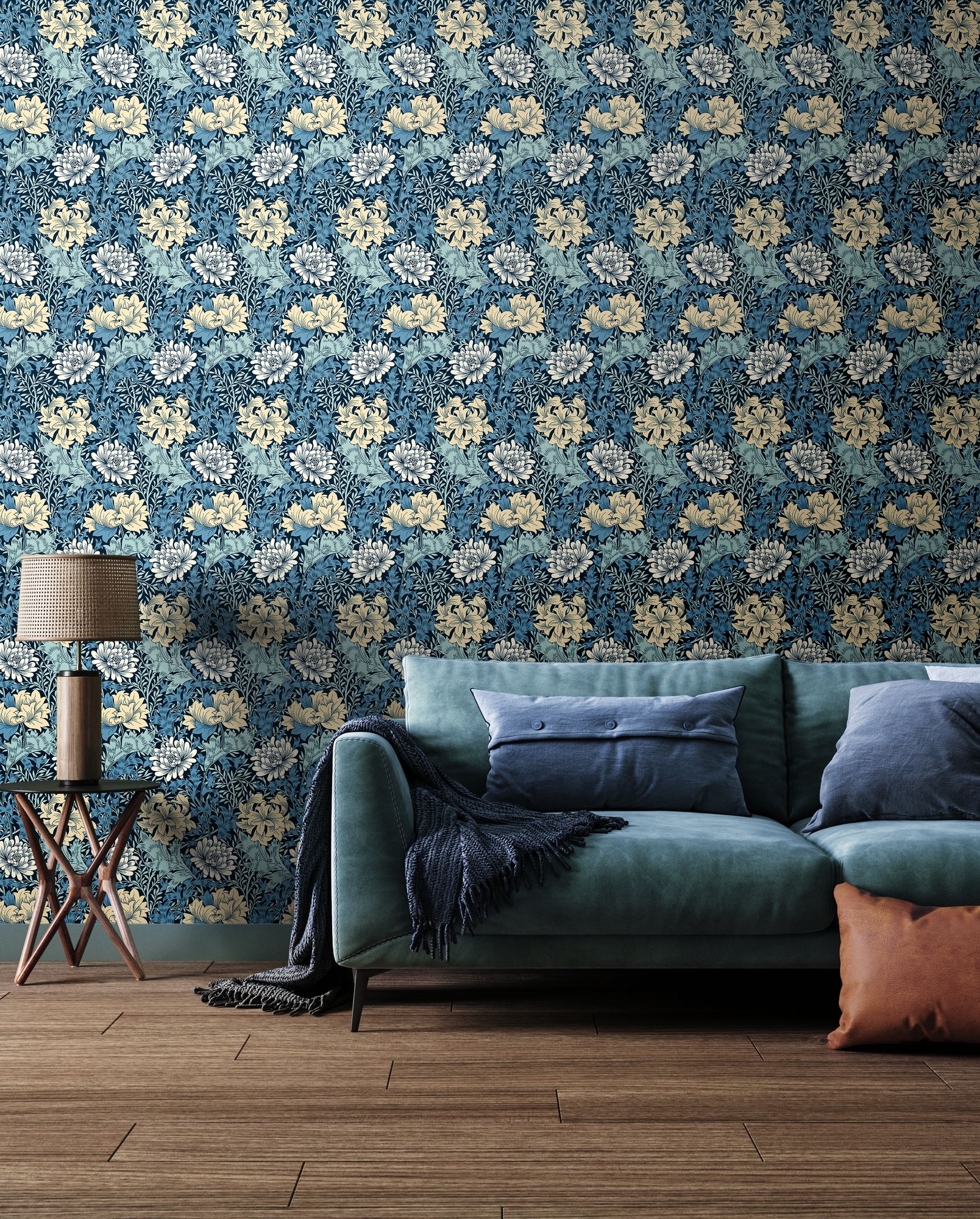 HWA1118W Chrysanthemum Navy Mix Wallpaper by Hoopla Walls